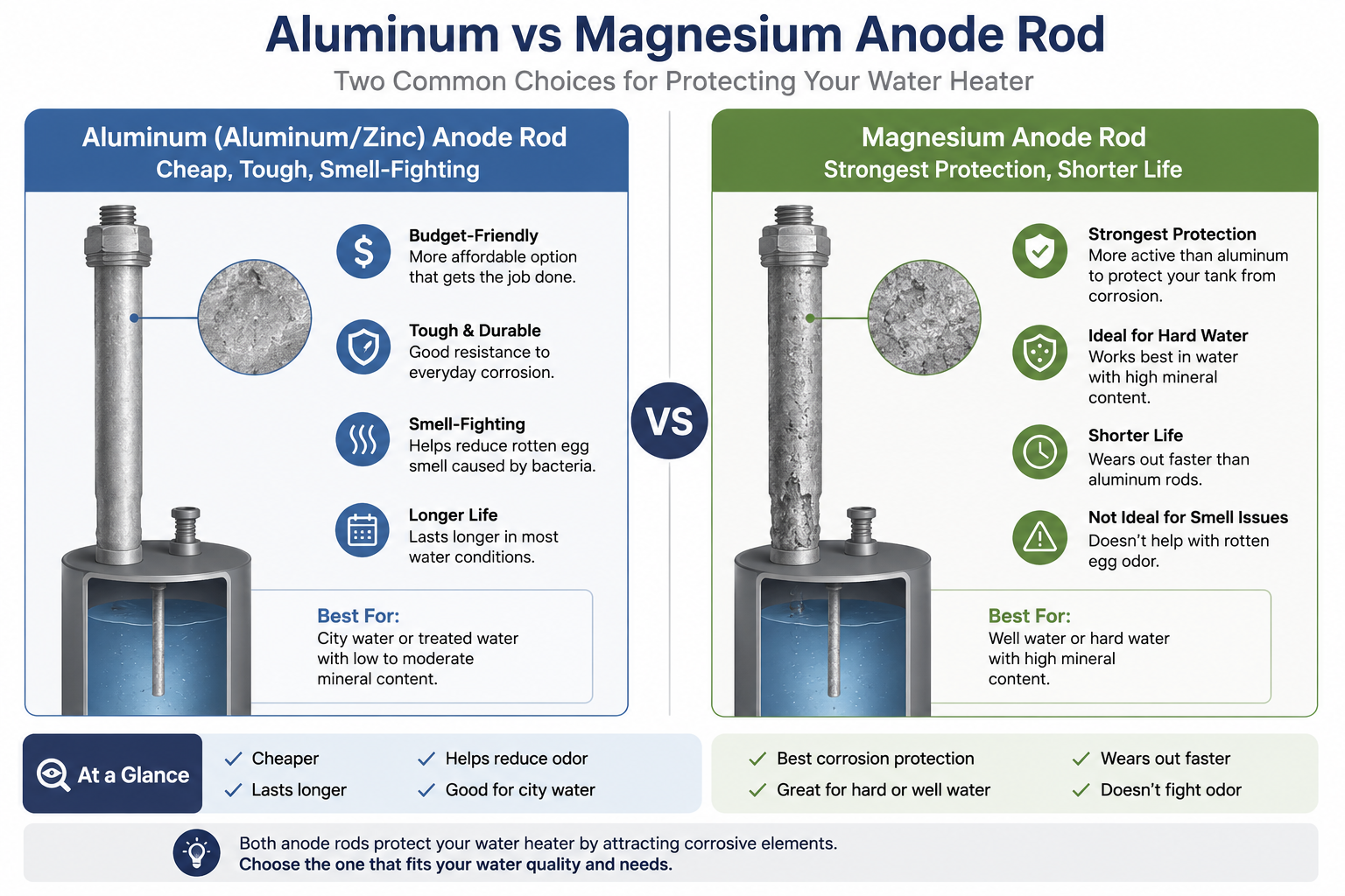 Aluminum vs magnesium anode rod comparison for a water heater