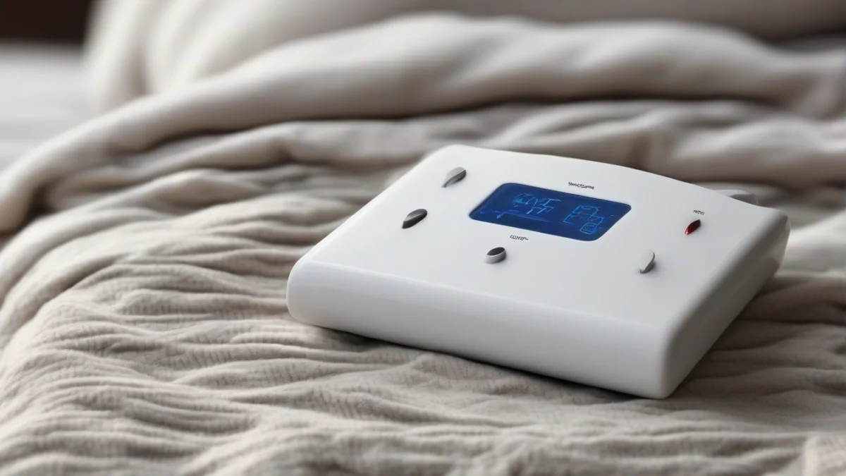 a heated blanket controller resting on a cozy blanket