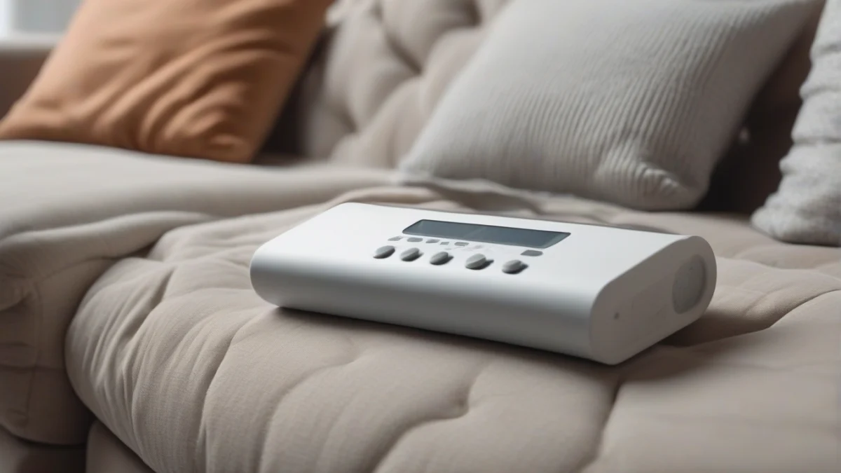 Detailed view of a heated blanket's control panel on a couch