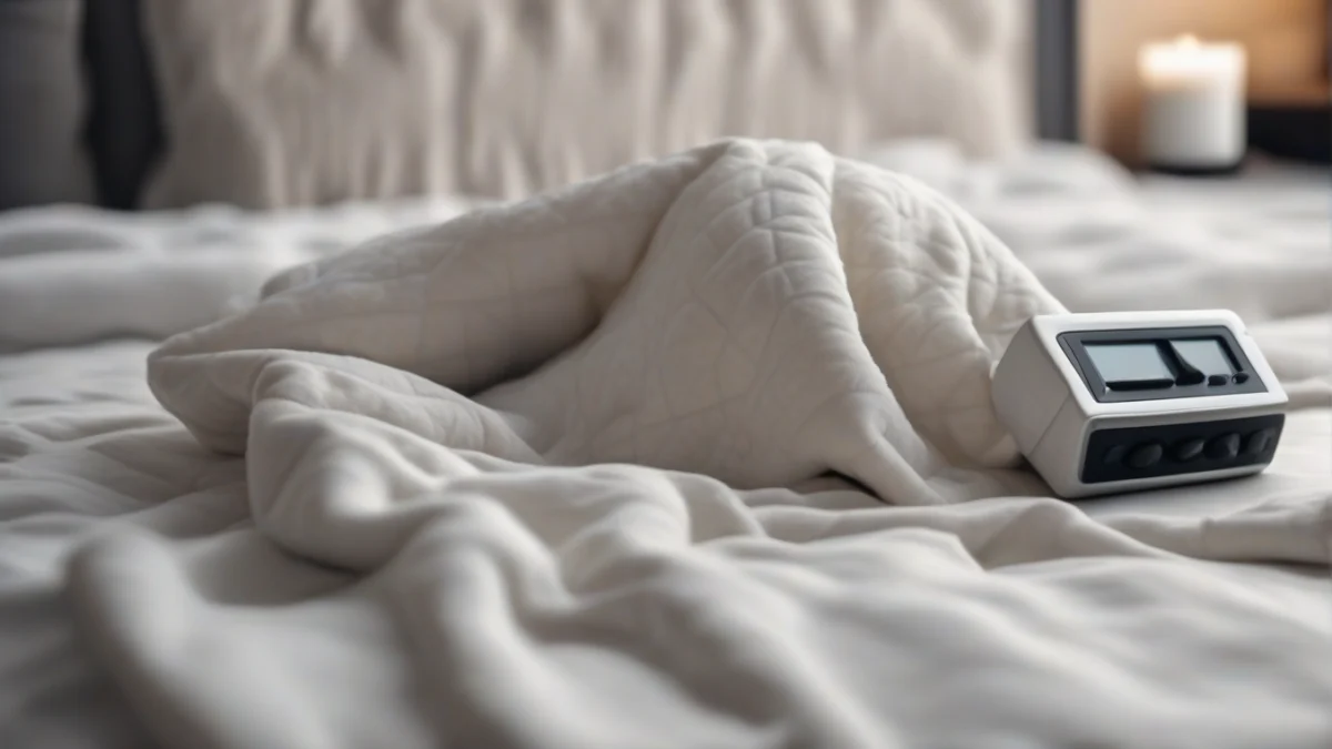 A neatly folded heated blanket with a controller on a bed