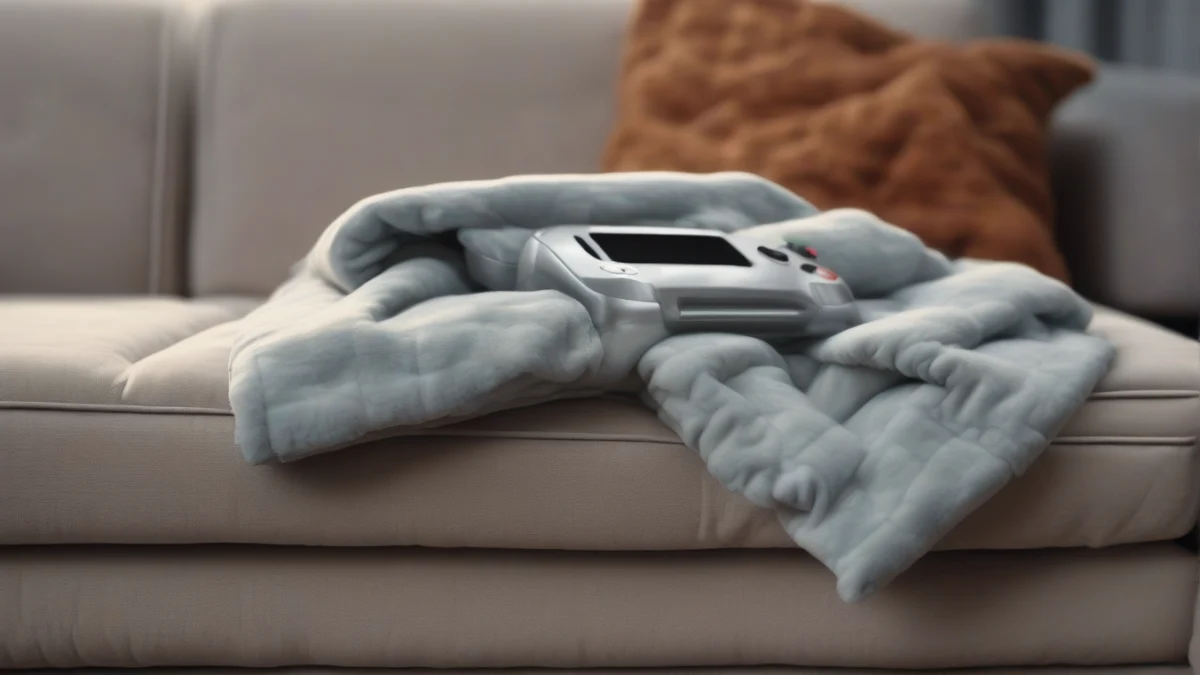 A folded heated blanket with a controller on a sofa