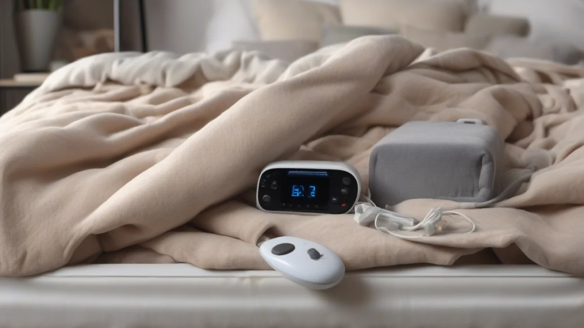 A neatly folded heated blanket with a controller placed on a bed