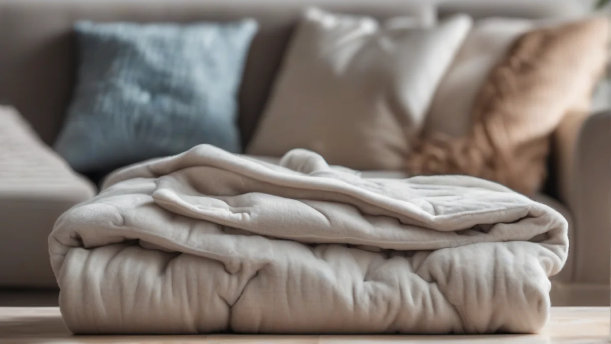 a neatly folded heated blanket with a controller on a sofa