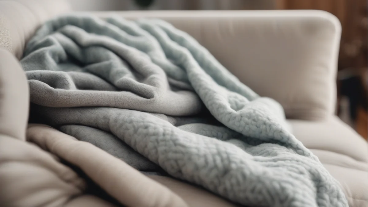 A folded heated step in blanket draped neatly on a sofa