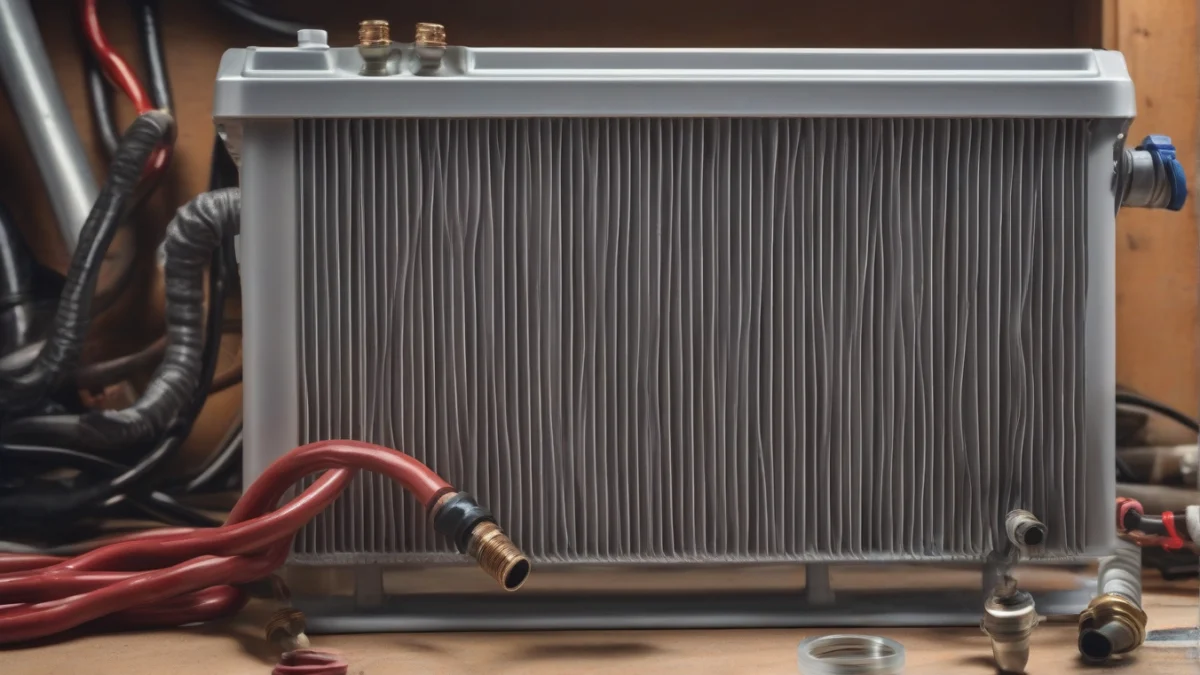 a heater core with connected hoses ready for flushing