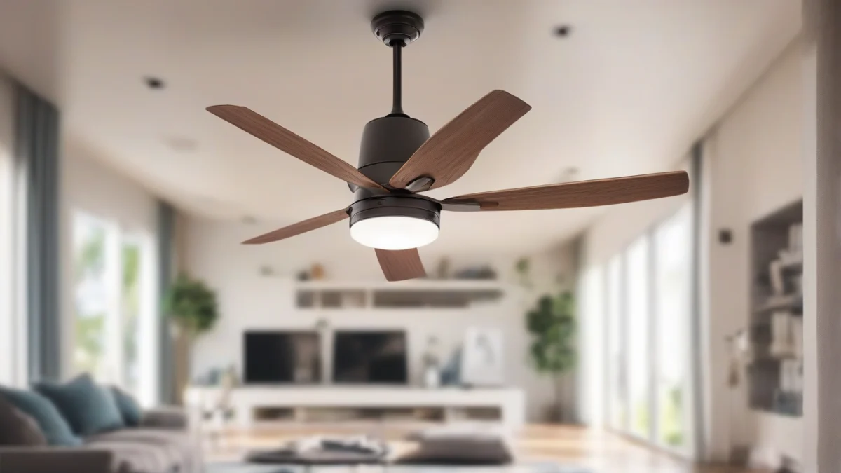 a modern ceiling fan installed in a high-ceiling room