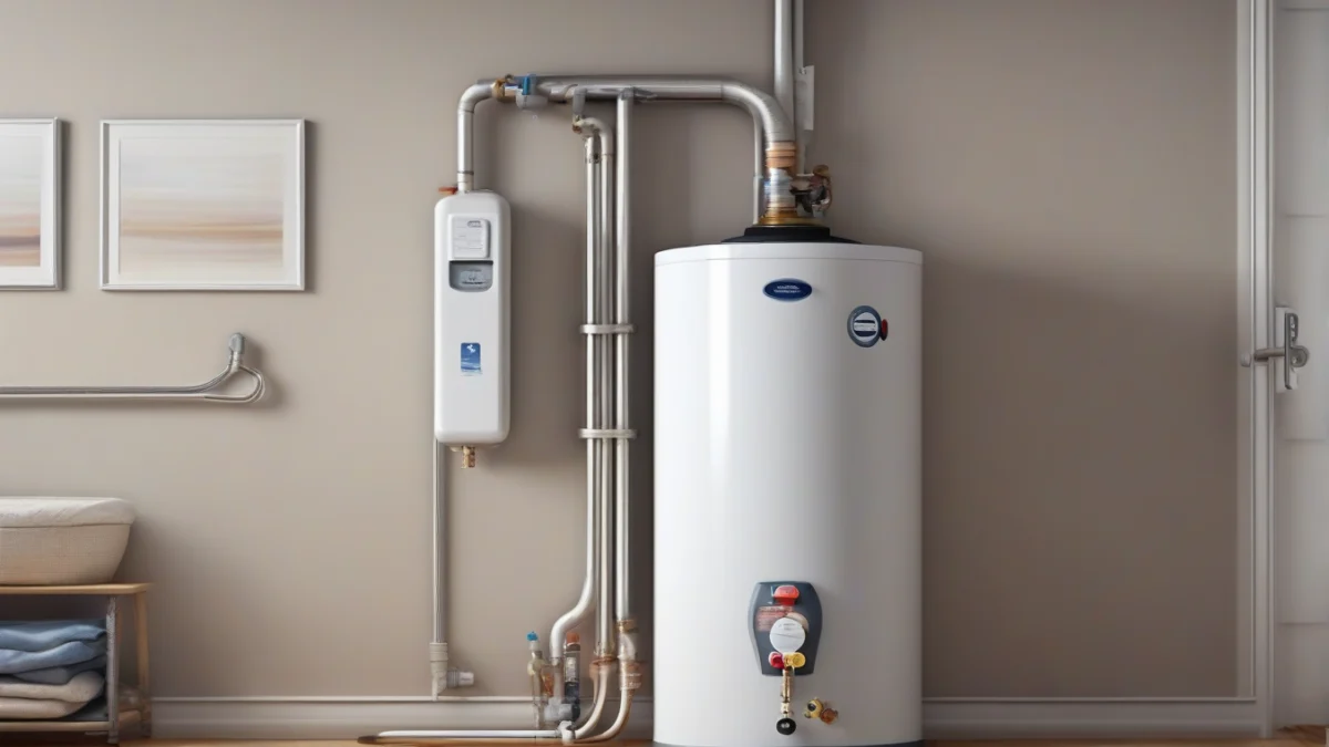 A water heater showing the anode rod in a utility room
