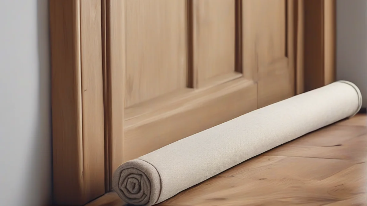 a fabric draft stopper blocking cold air at a door
