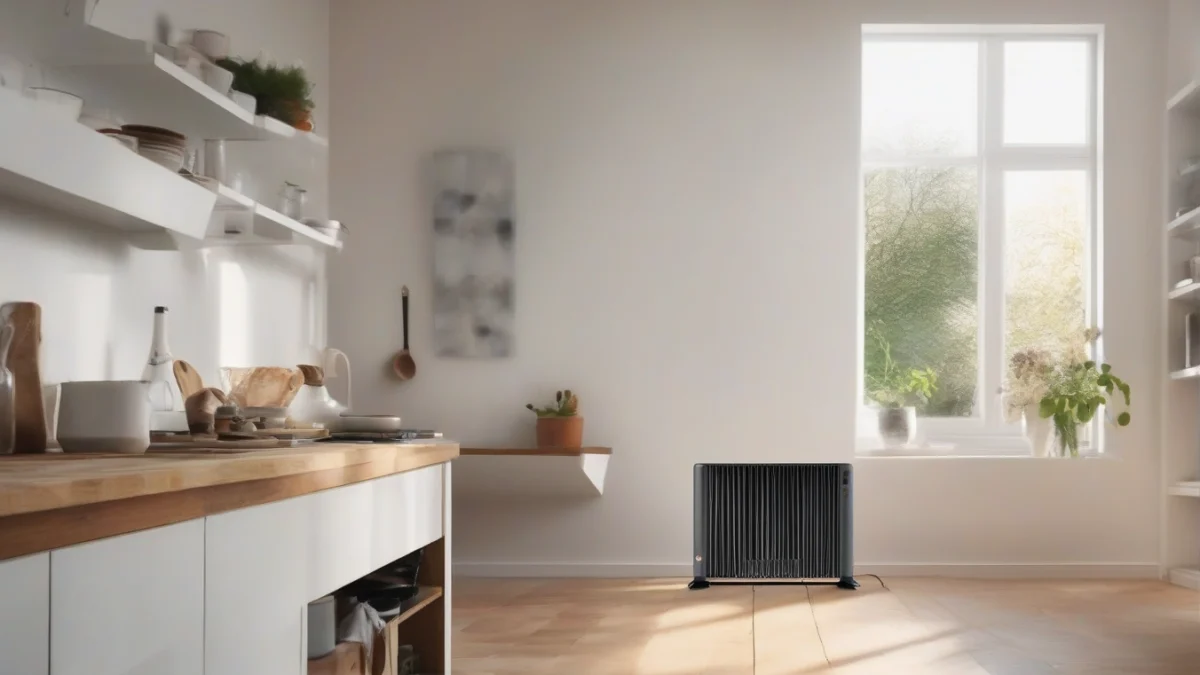 a compact electric heater providing warmth in a spacious kitchen
