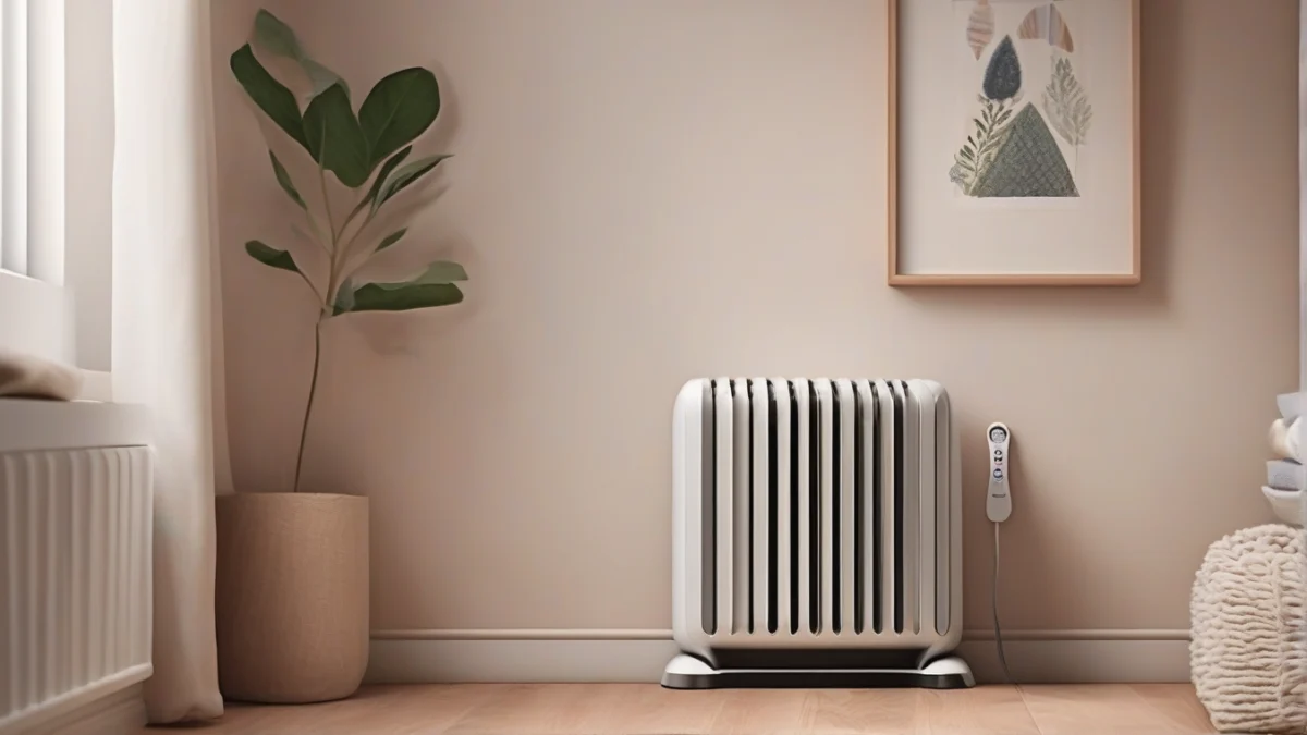a modern electric space heater with safety features visible