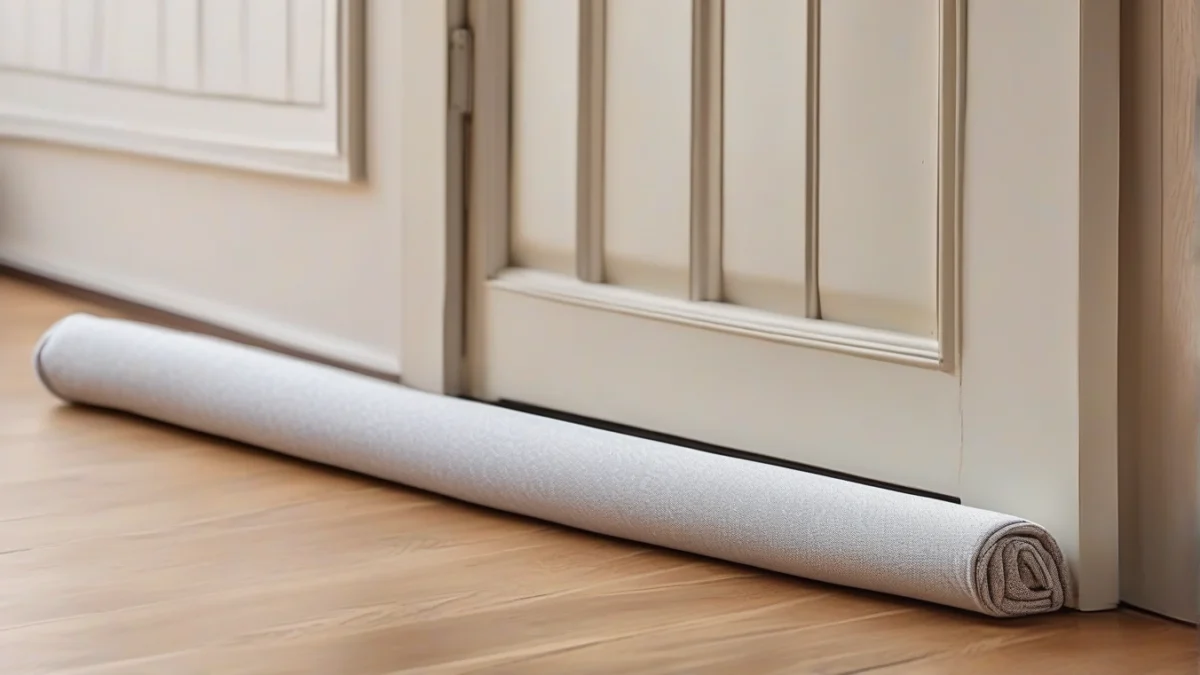 A draft stopper placed at the bottom of a door preventing cold air from entering