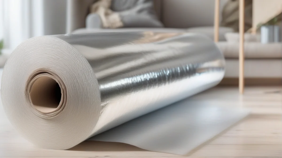 A roll of reflective insulation material placed on the floor