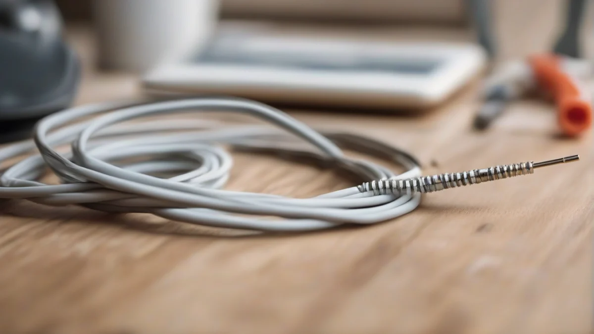 A close-up of a broken temperature sensor wire on a table.