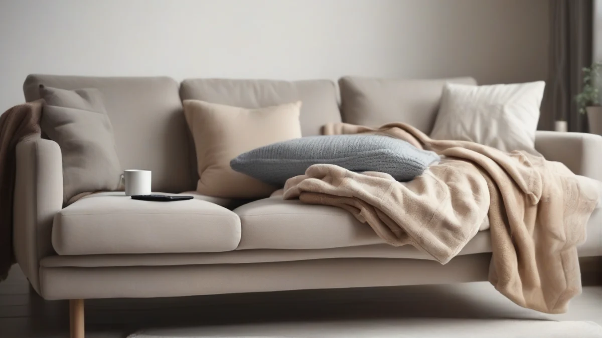 A folded heated blanket with a controller resting on a sofa.