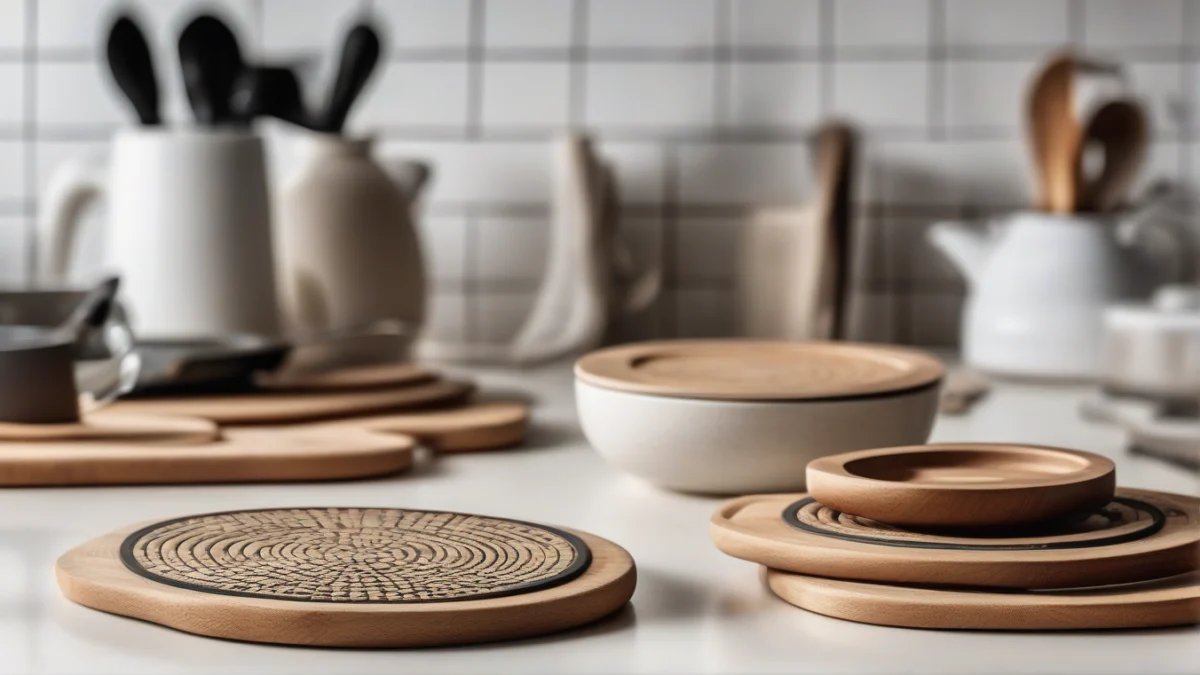 different trivets made of wood, silicone, and metal