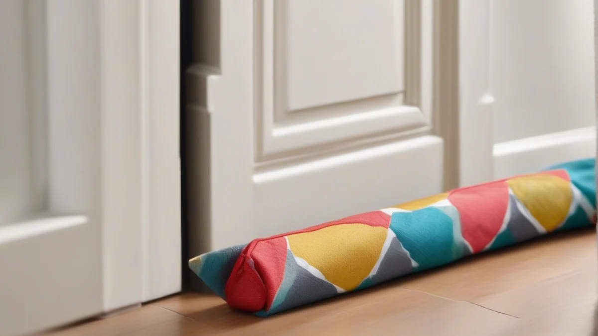 a fabric draft stopper blocking cold air at a staircase door