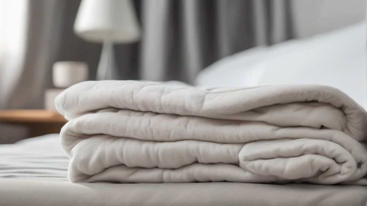 A folded Wapaneus heated blanket with its controller placed on a bed