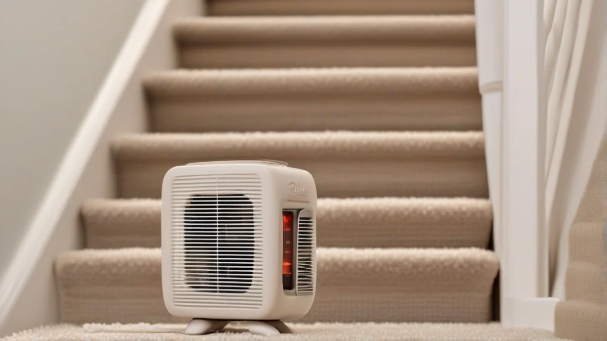 A ceramic space heater providing warmth in a stairwell