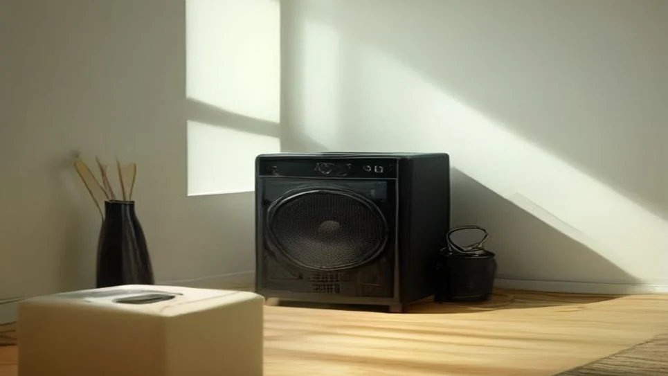 A sleek electric space heater on a carpeted floor
