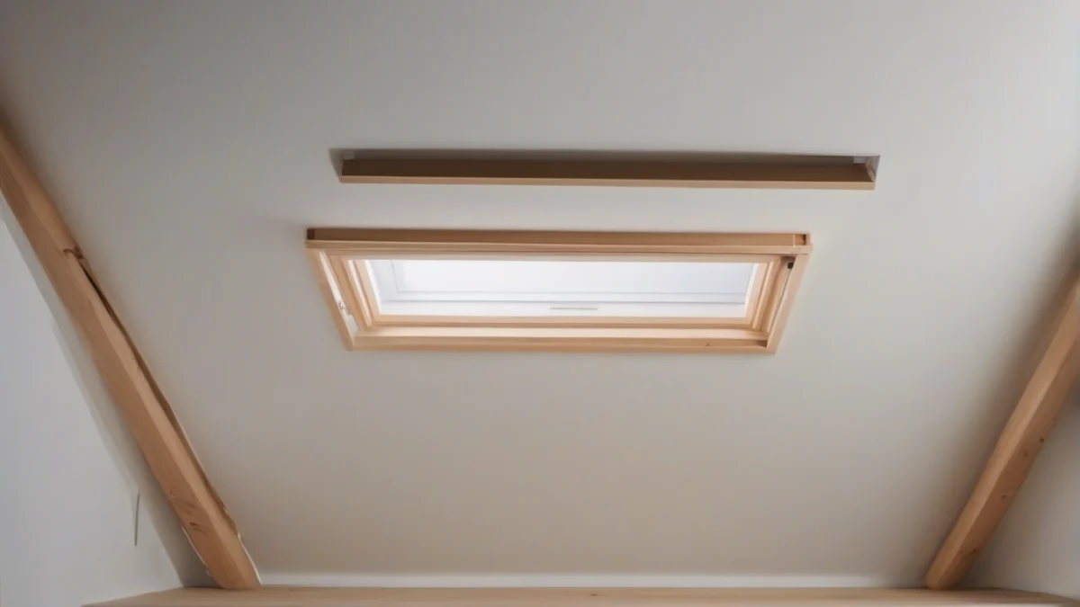 A ceiling-mounted attic hatch showing insulation around the edges