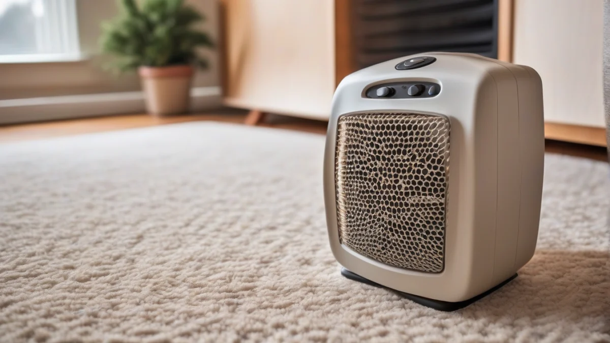 A portable space heater positioned safely on a carpeted floor