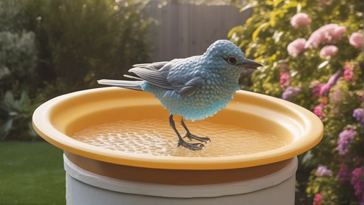 A bird bath wrapped in bubble wrap for insulation during winter