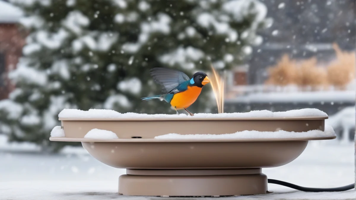 A plug-in electric bird bath heater placed on a snowy surface