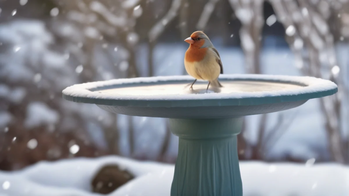 a birdbath standing empty and clean in winter snow
