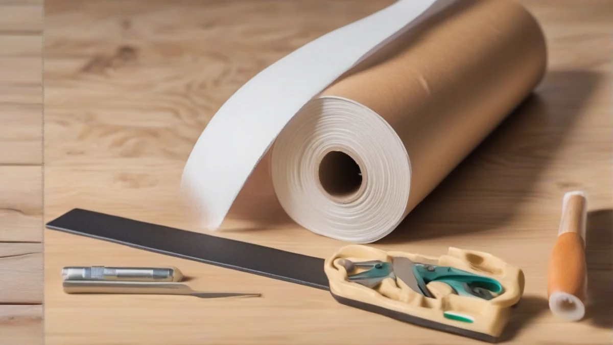 A roll of weatherstripping material next to tools for sealing gaps
