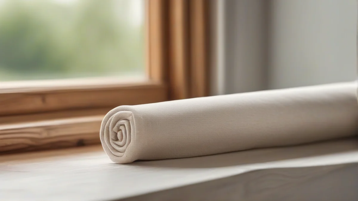 A fabric draft stopper positioned to block cold air at a window