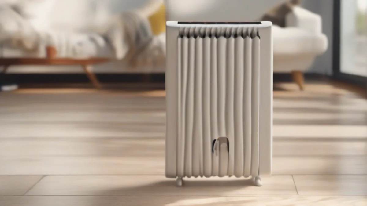 A ceramic heater with a thermostat in a cozy living room setting