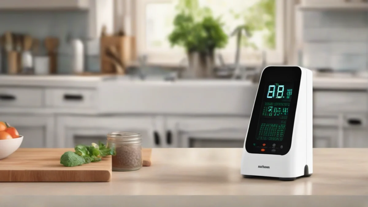 An air quality monitor measuring indoor air quality in a kitchen