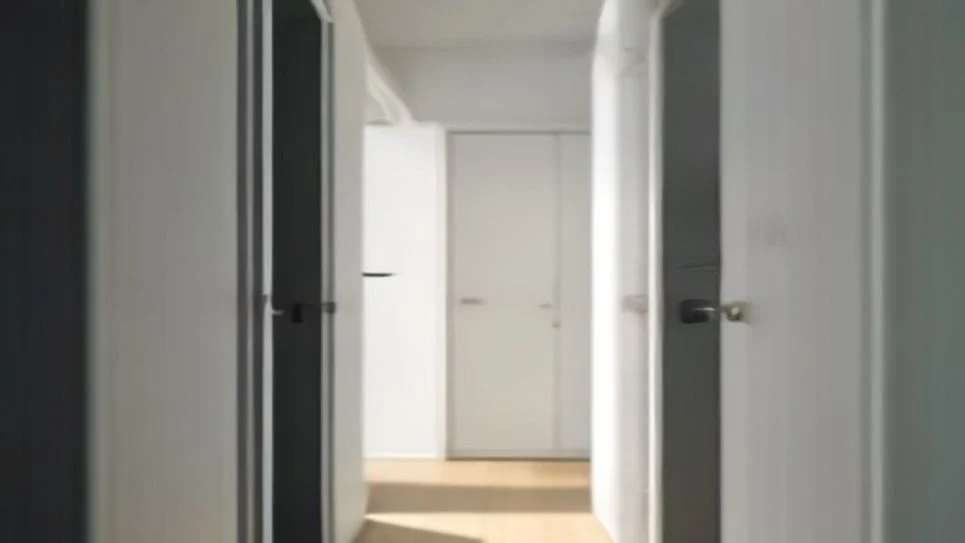 A fabric draft stopper blocking cold air under a cupboard door.