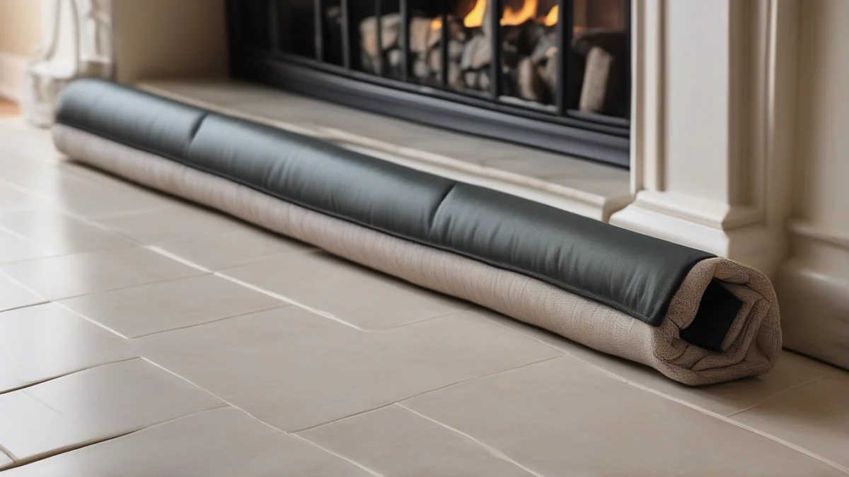 A fabric draft stopper placed snugly along the edge of a fireplace