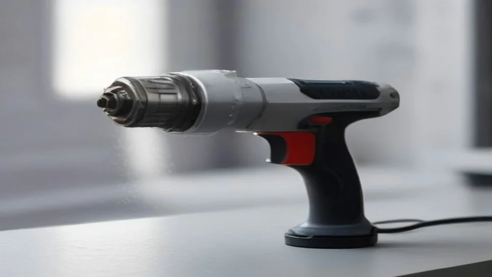 A can of foam sealant with a nozzle on a workbench.