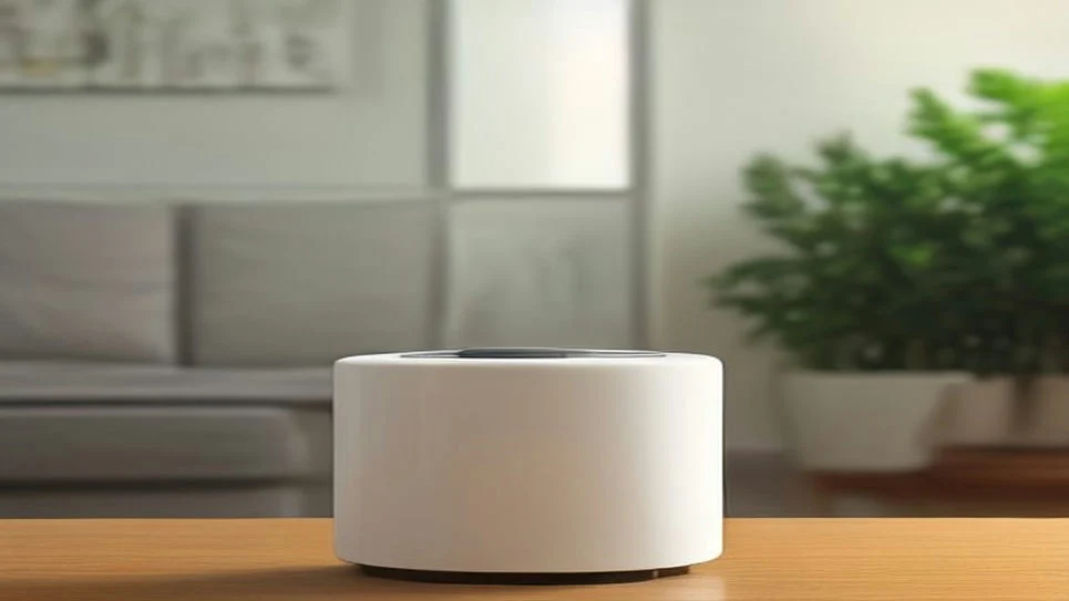 A ceramic heater on a table, heating the room.