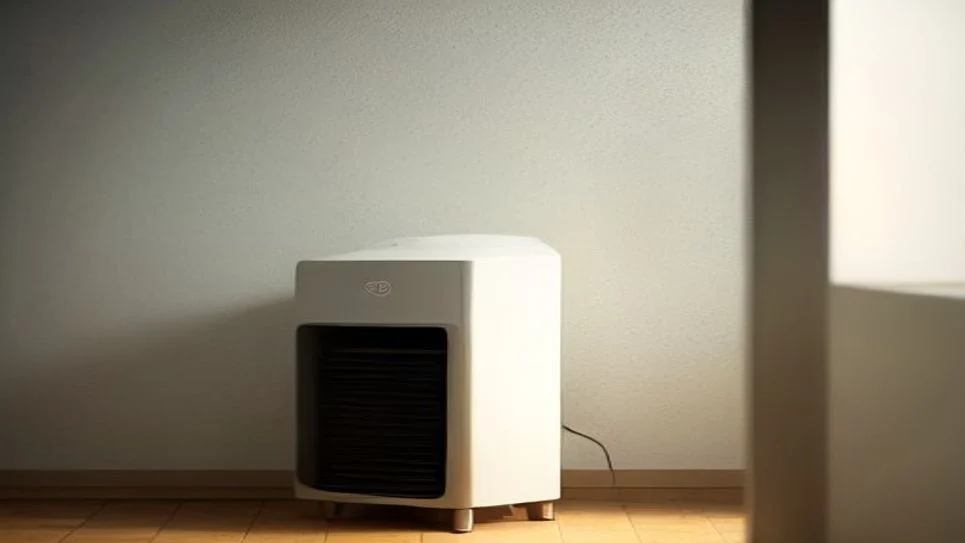 A propane heater standing on a tiled floor in a cozy living room.