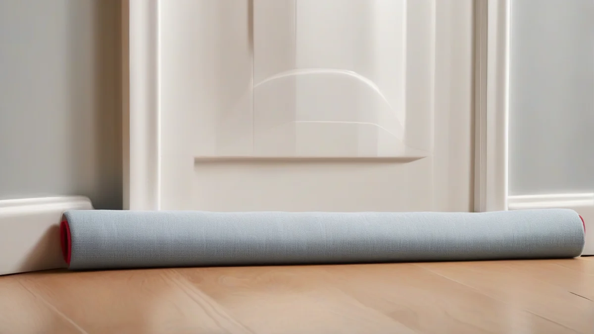A fabric draft stopper blocking cold air at a door gap