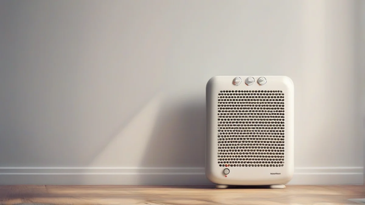 A convection heater safely plugged into a wall with clear space around it