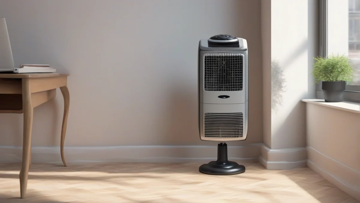 A fan heater placed near a chair in a home office for zone heating