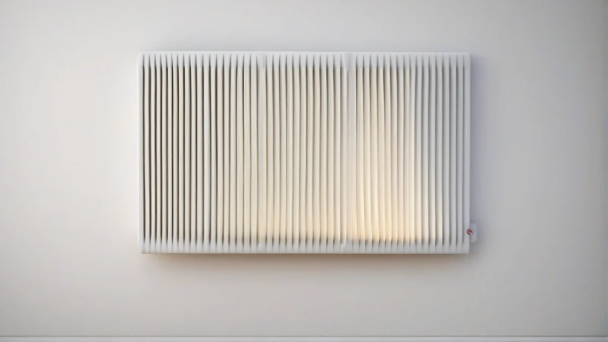 A sleek infrared heater mounted on a wall, warming the surface.