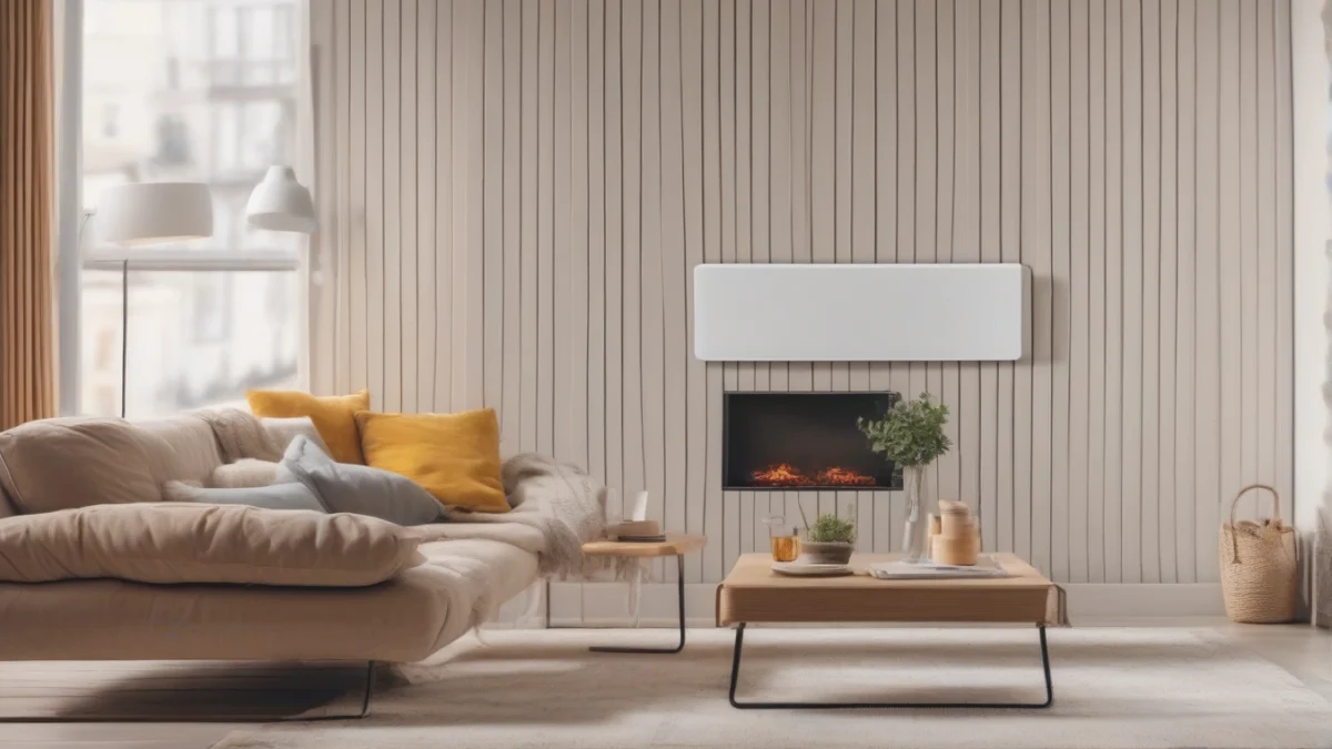 A modern panel heater mounted on a wall in a warm living room
