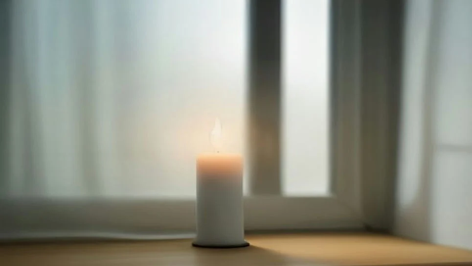 A candle flame flickering due to cold air draft near a window