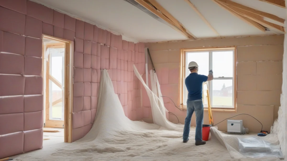 A installing fabric insulation in a wall inside a partially finished room