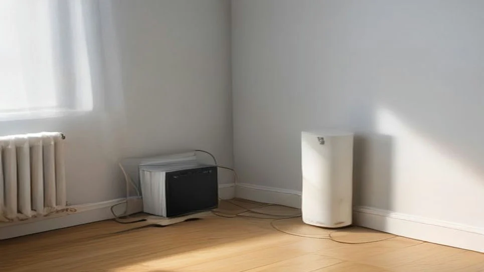 an electric heater positioned in a corner, surrounded by open space