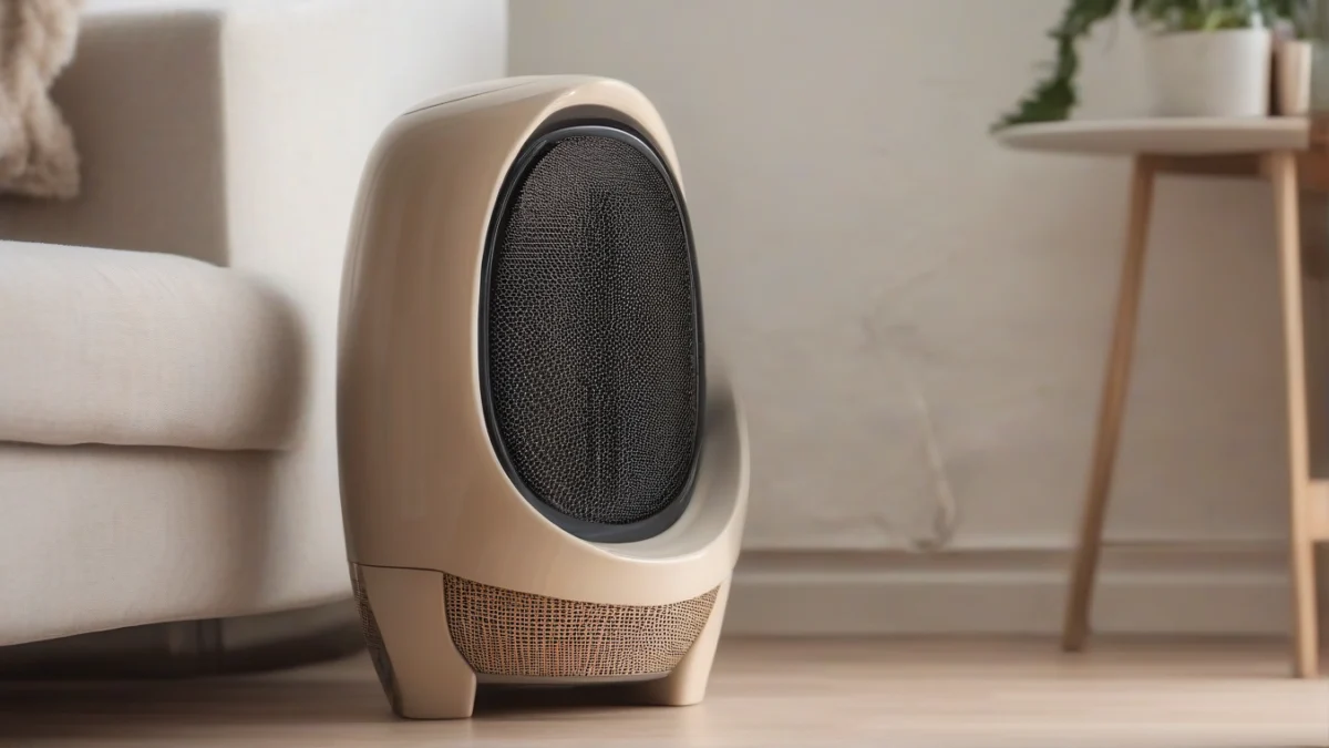 an oscillating ceramic heater on a wooden floor, radiating warmth