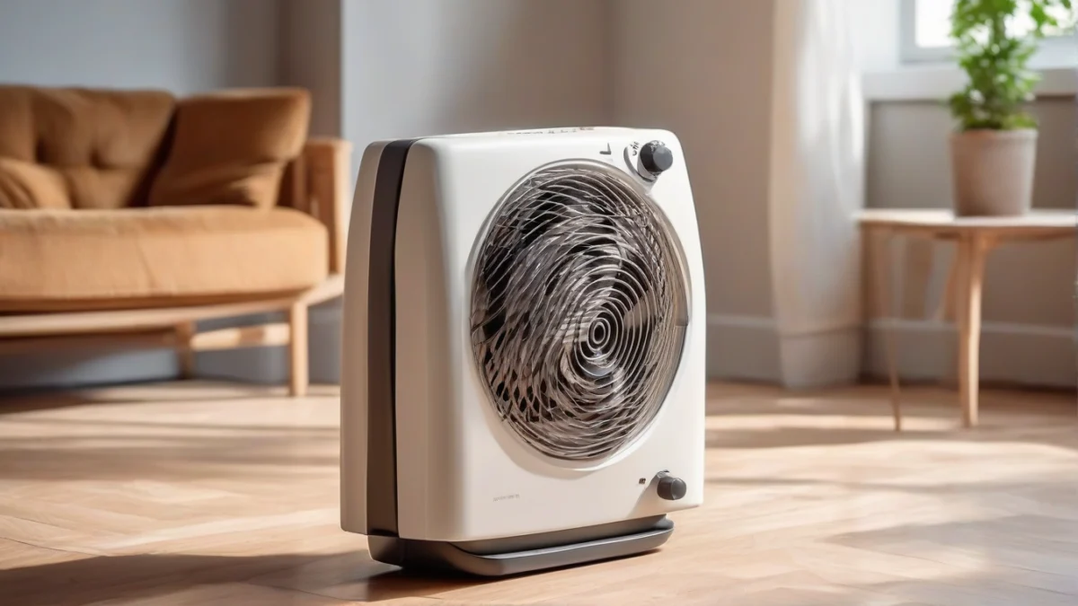 A fan heater placed on a wooden floor in a bright living room