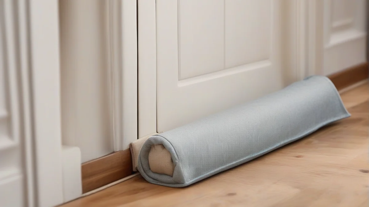 A fabric draft stopper placed to prevent heat loss under a door.