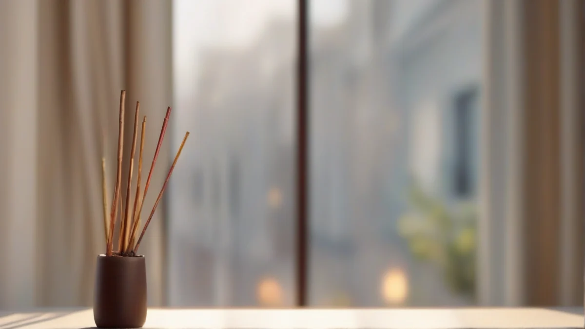 A lit incense stick revealing airflow near a window.