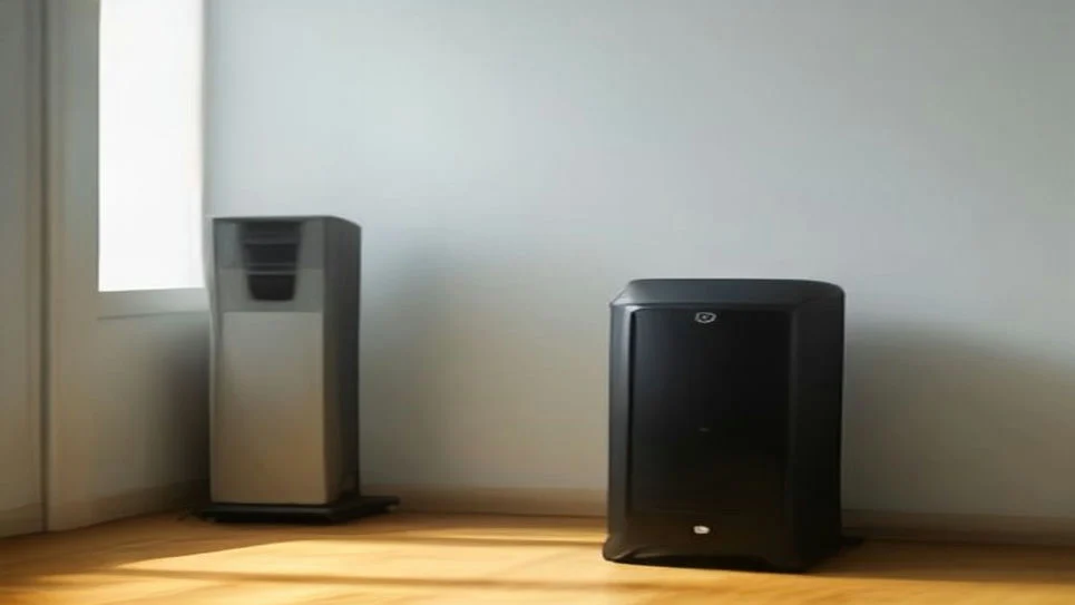 A modern electric space heater standing on a carpeted floor